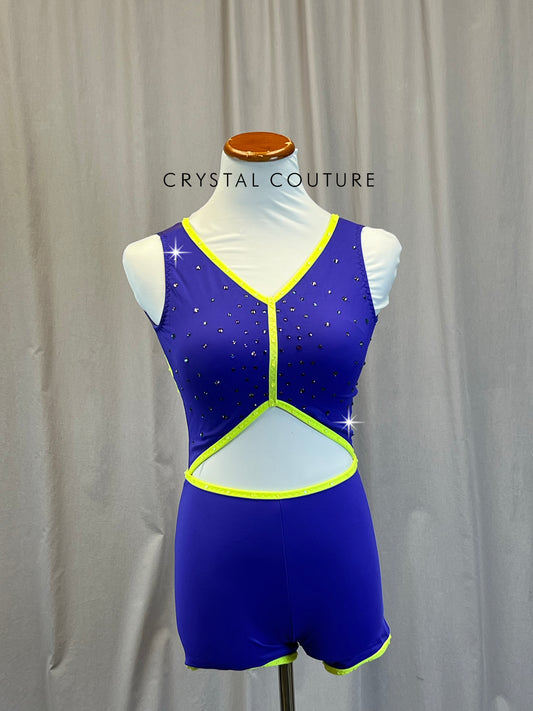 Custom Purple Biketard with Lime/Yellow Trim - Rhinestones