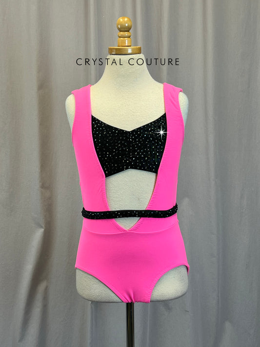Custom Neon Pink and Black Leotard - Rhinestones