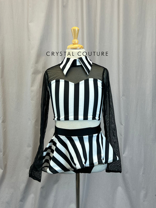 Black and White Striped Collared Top and Skirt Set