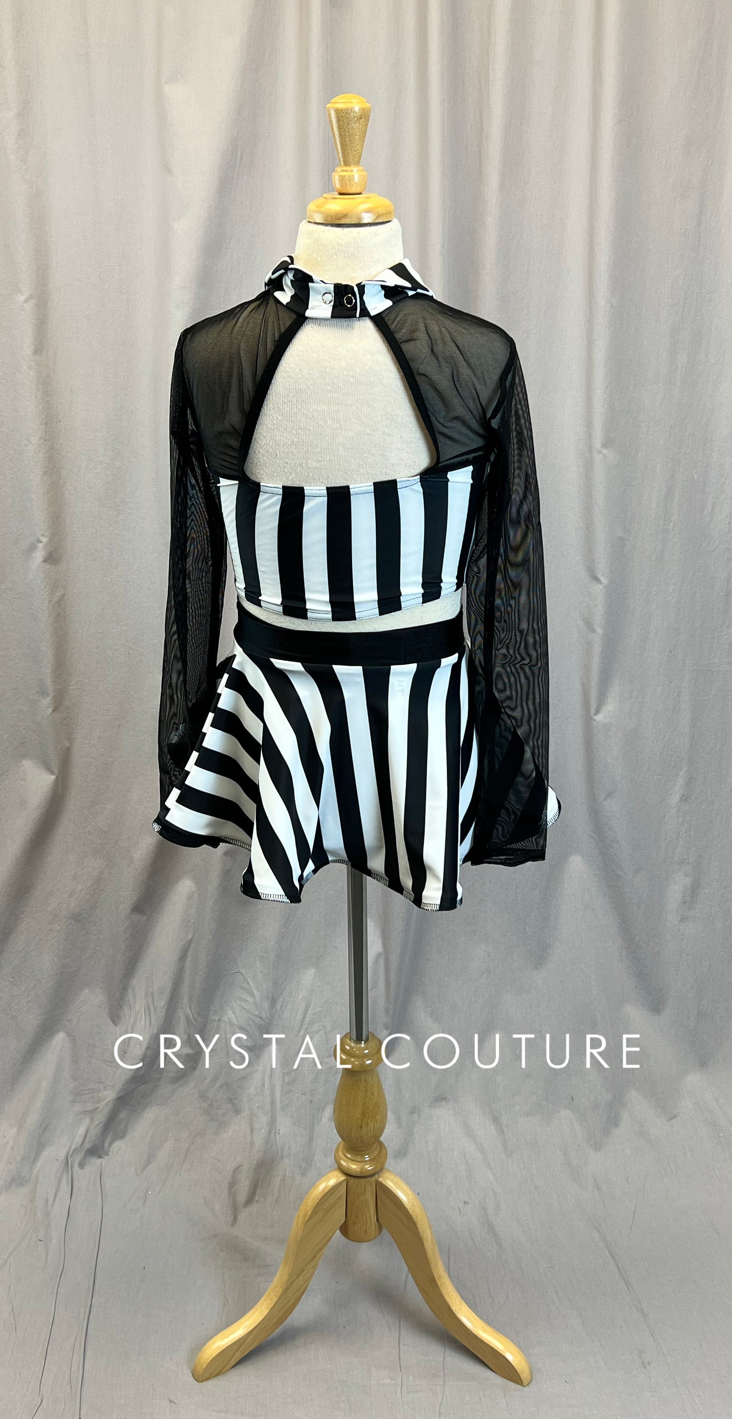 Black and White Striped Collared Top and Skirt Set