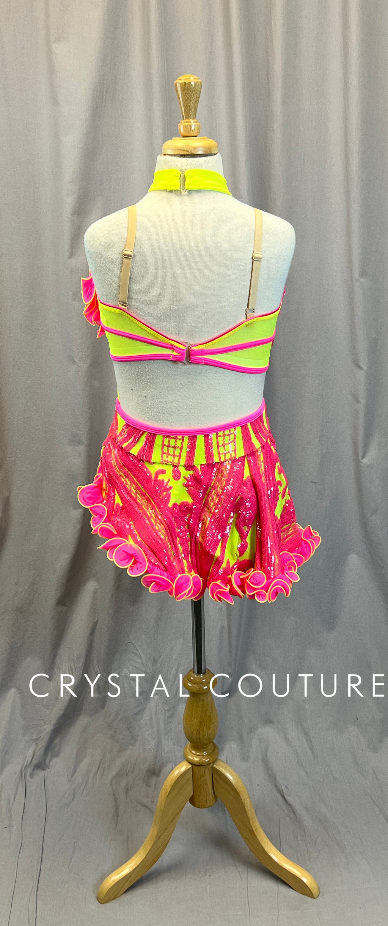 Neon Pink and Yellow Sequined and Mesh Ruffle Top and Skirt Set -hair piece