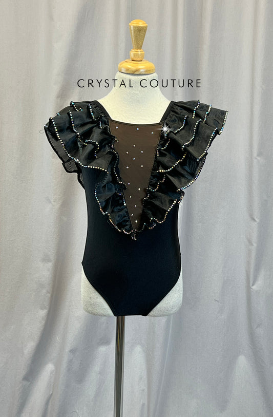 Black Ruffle Deep V Plunge Leotard -Rhinestones