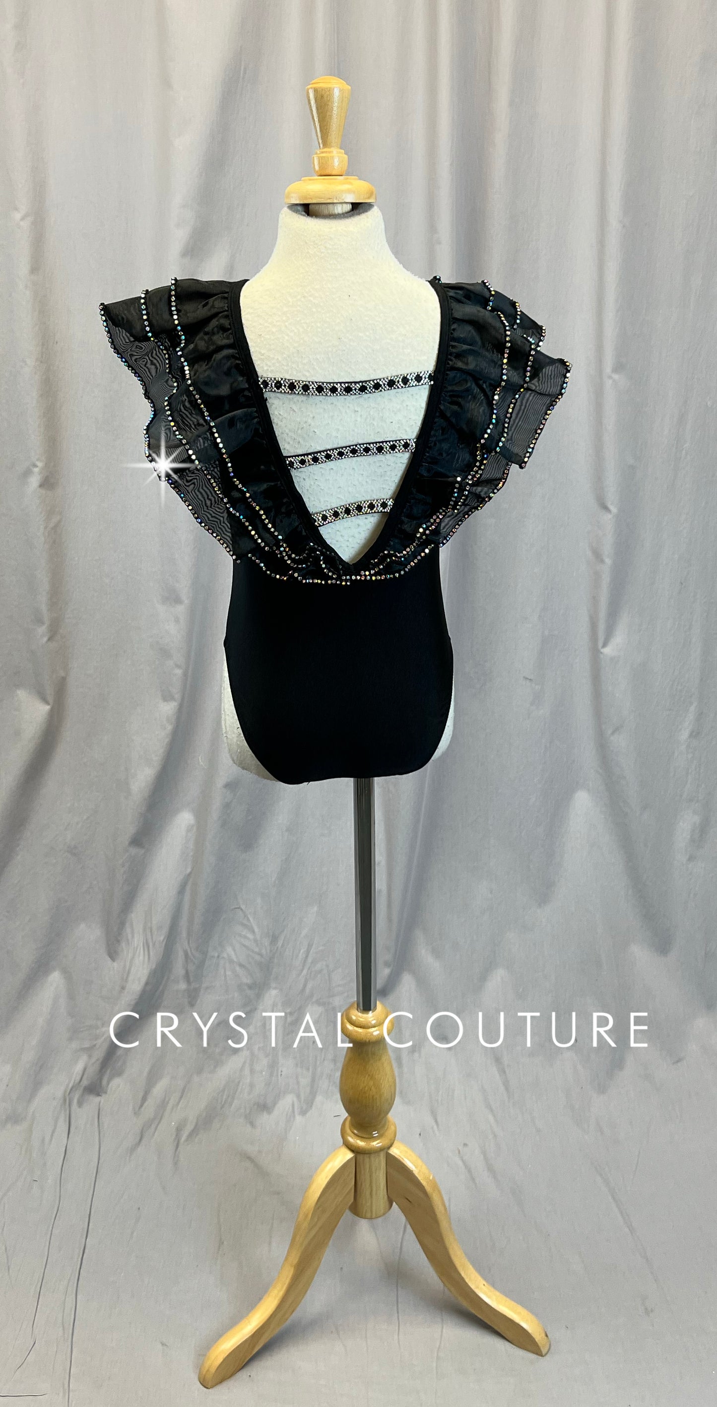 Black Ruffle Deep V Plunge Leotard -Rhinestones