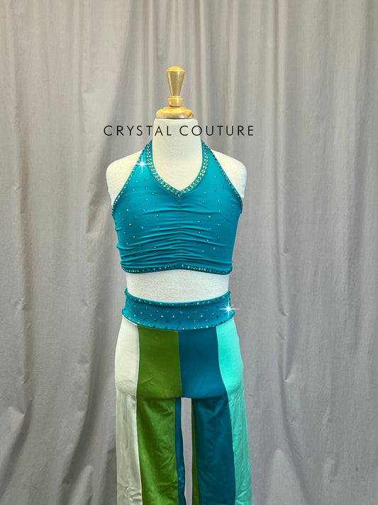 Teal, Green, Ivory Color Block Halter Crop Top and Pants Set -Rhinestones