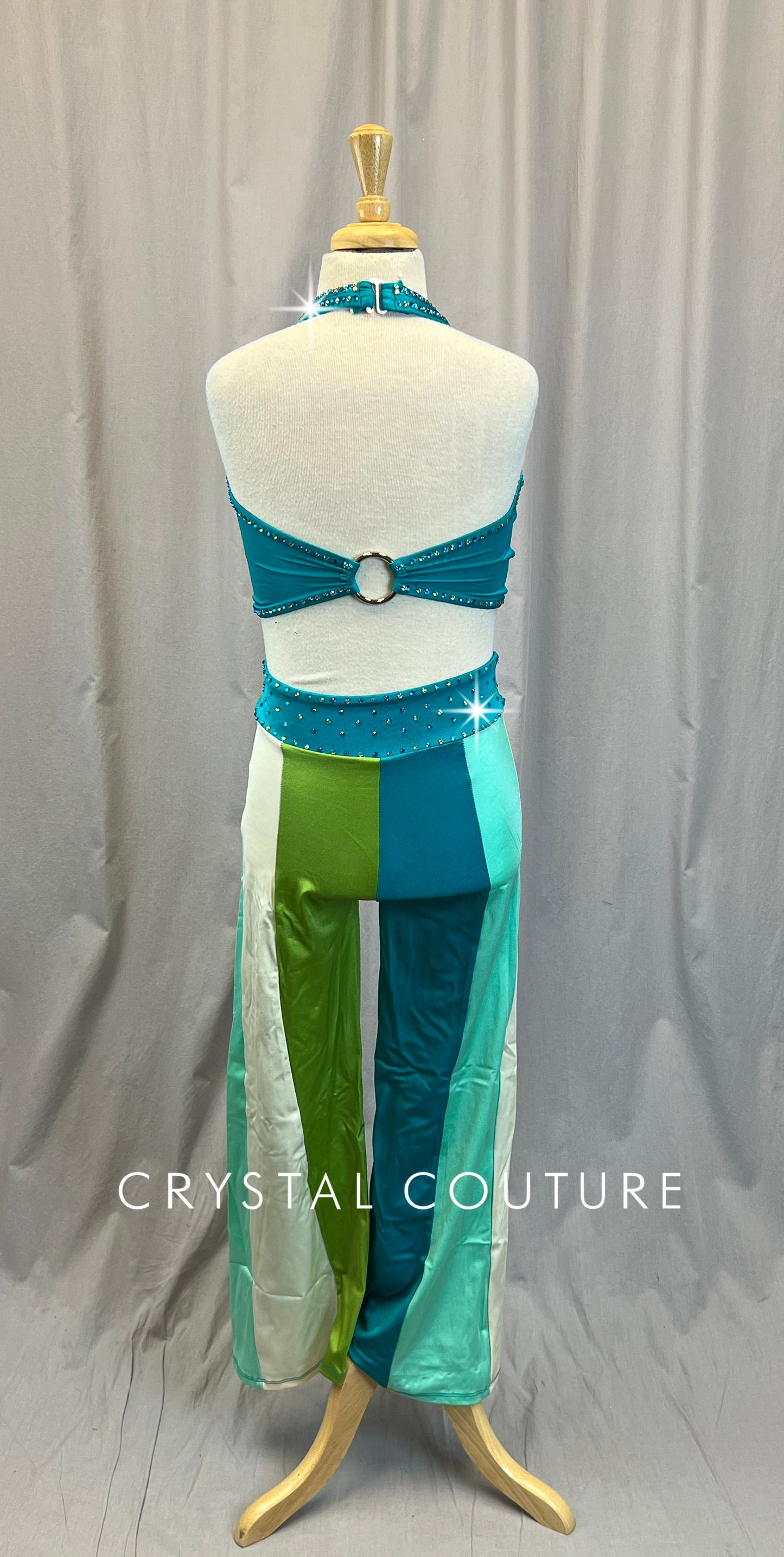 Teal, Green, Ivory Color Block Halter Crop Top and Pants Set -Rhinestones
