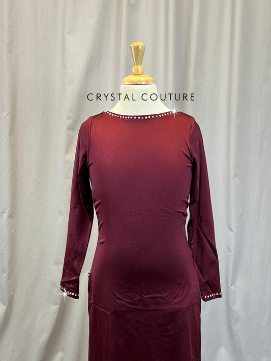 Burgundy Long Sleeve Boat Neck Dress with High Slits -Rhinestones