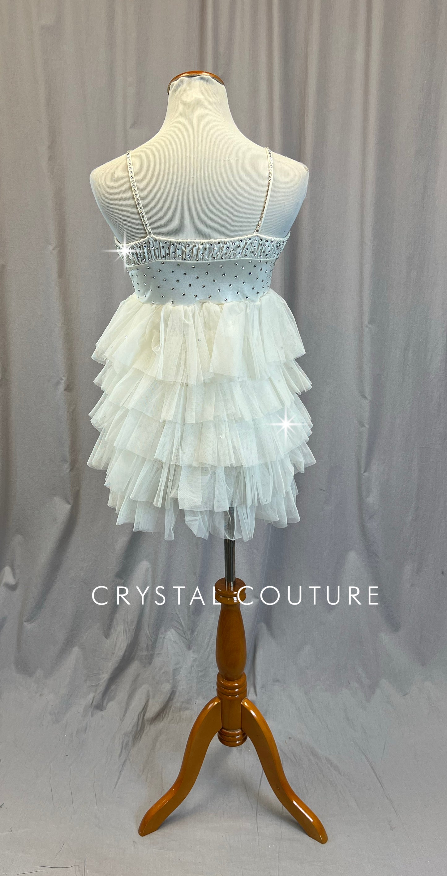 Off White Romper with Tulle Ruffle Skirt-Rhinestones