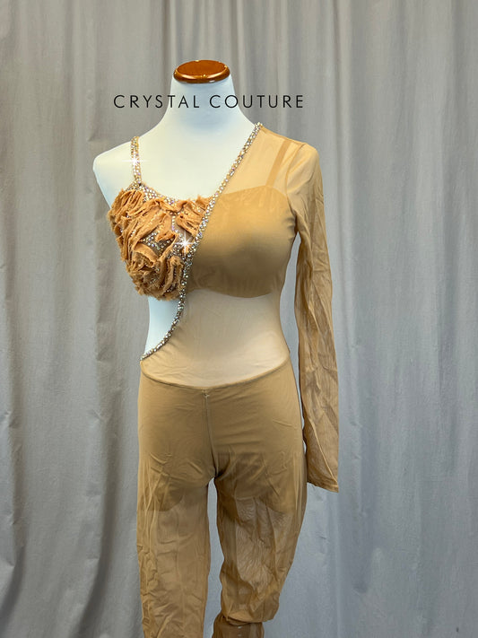 Custom Tan/Nude Asymmetrical One Sleeve Mesh Unitard-Custom - Rhinestones