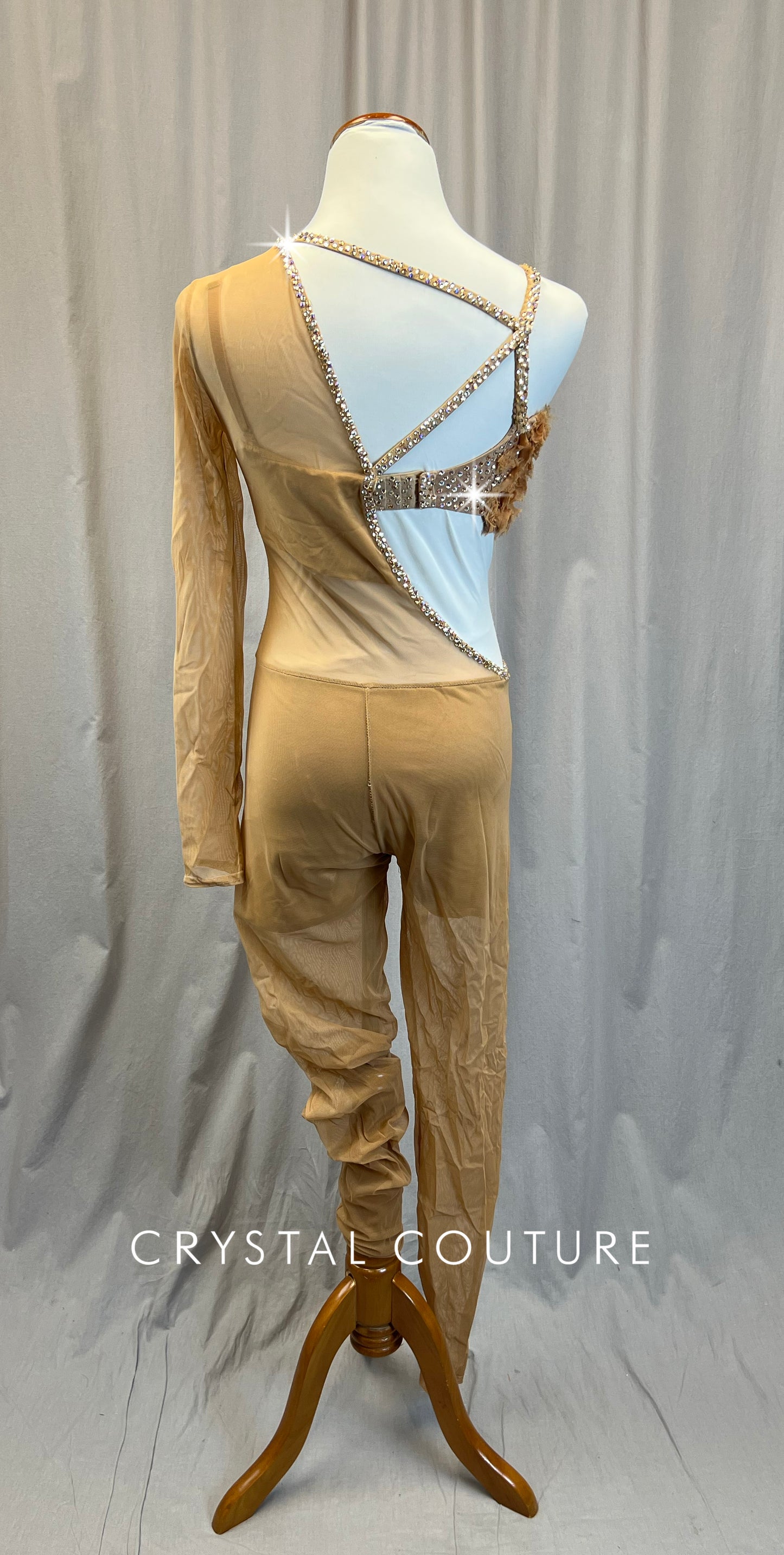 Custom Tan/Nude Asymmetrical One Sleeve Mesh Unitard-Custom - Rhinestones