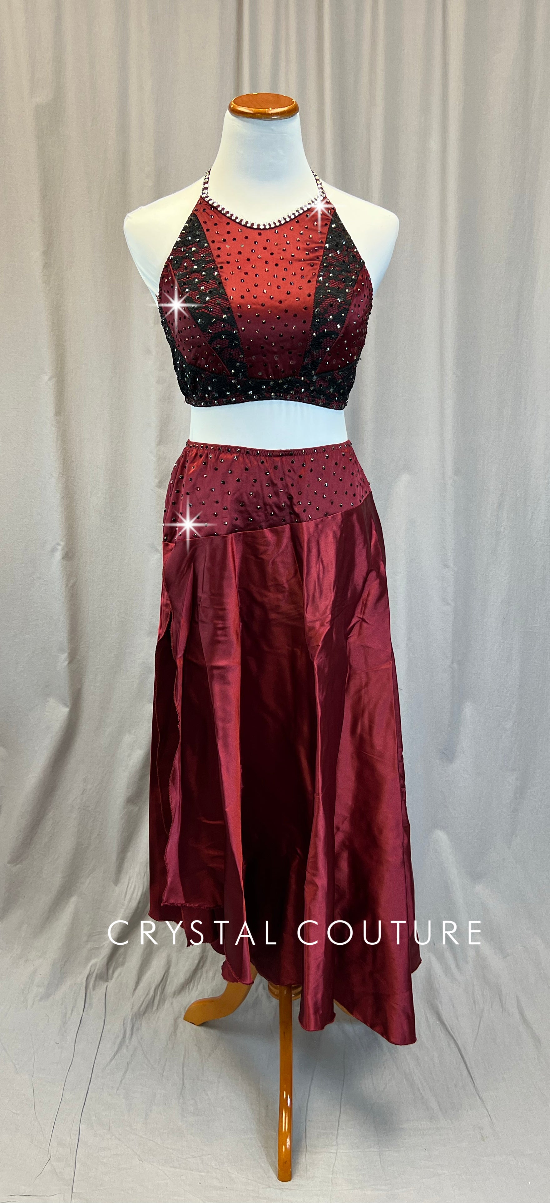 Burgundy and Black Lace Halter Top and Long Skirt - Rhinestones Crystal Couture Burgundy and Black Lace Halter Top and Long Skirt - Rhinestones Crystal Couture