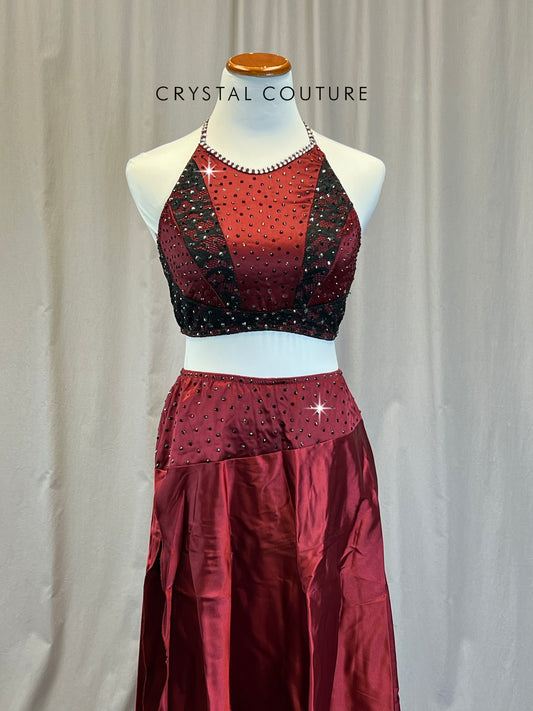 Burgundy and Black Lace Halter Top and Long Skirt - Rhinestones