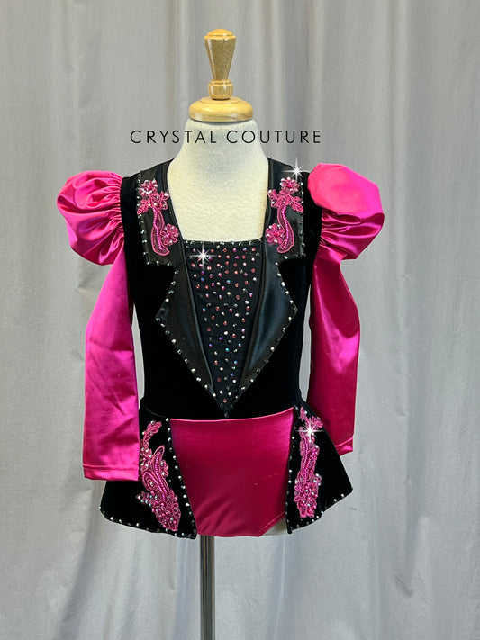Hot Pink Puff Sleeve and Black Velvet Tuxedo Inspired Leotard with Attached Skirt -Rhinestones, Appliques