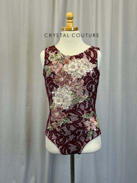 Mauve Leotard with Burgundy Lace and Floral Appliques - Rhinestones