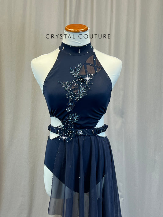 Navy mock neck Leotard with Half Skirt - Appliques - Rhinestones