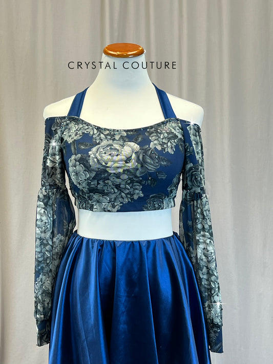 Gray and Navy Floral Mesh Long Sleeve and Navy Skirt Set - Rhinestones