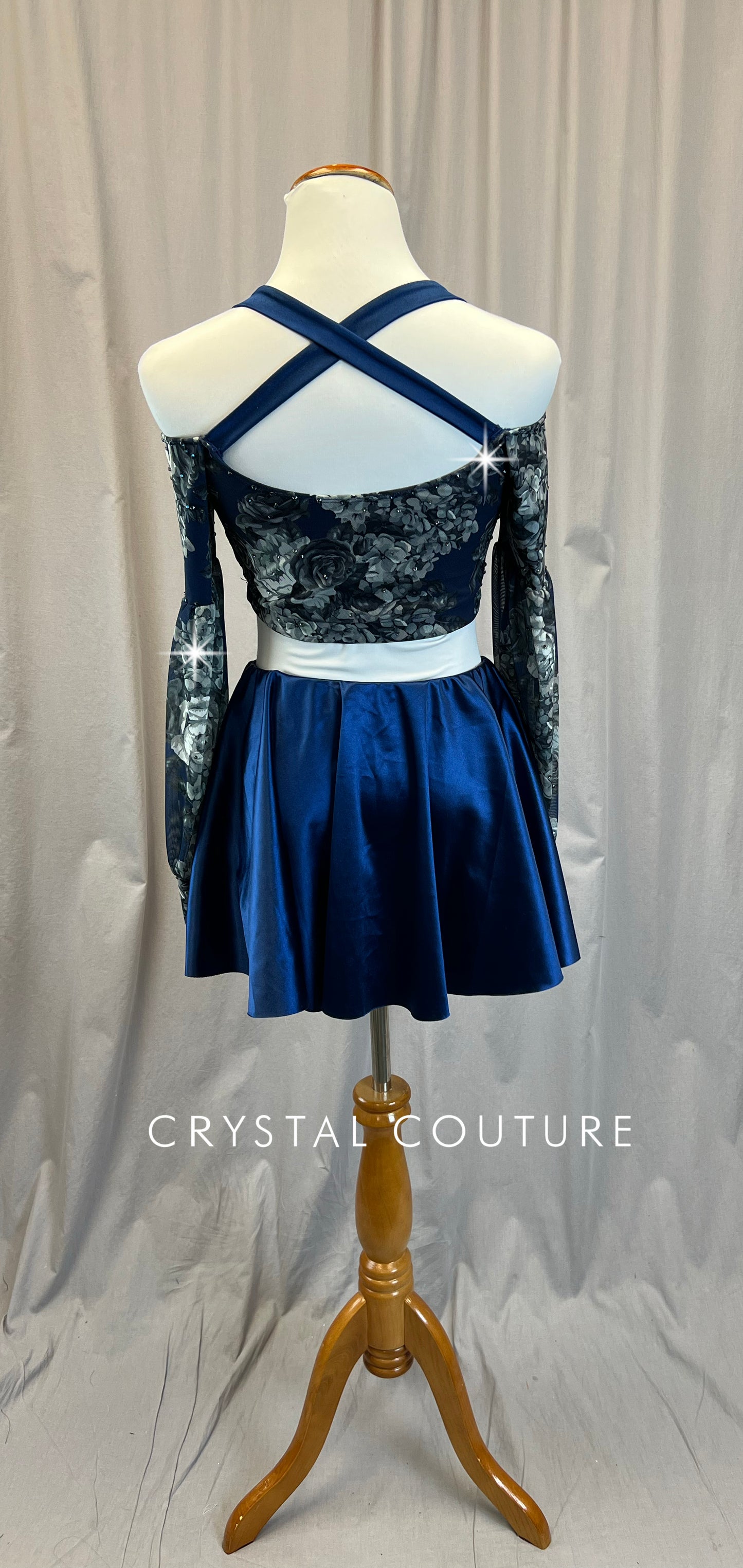 Gray and Navy Floral Mesh Long Sleeve and Navy Skirt Set - Rhinestones