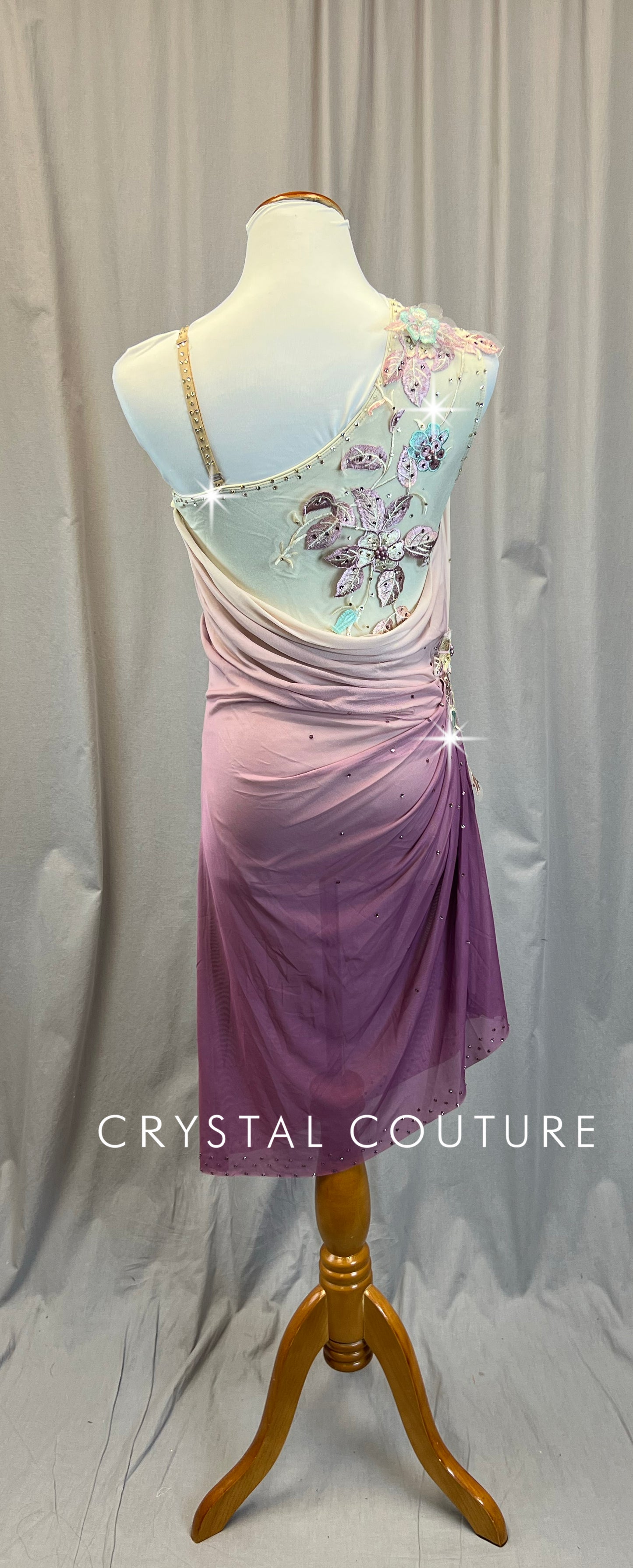 Ivory to Mauve Ombre One Shoulder Dress - Rhinestones