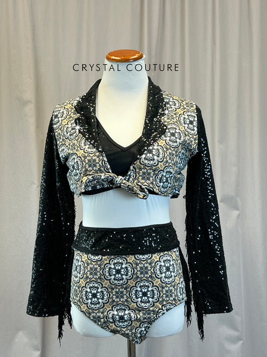 Tan and Black Paisley Long Sleeve and Brief Set - Rhinestones