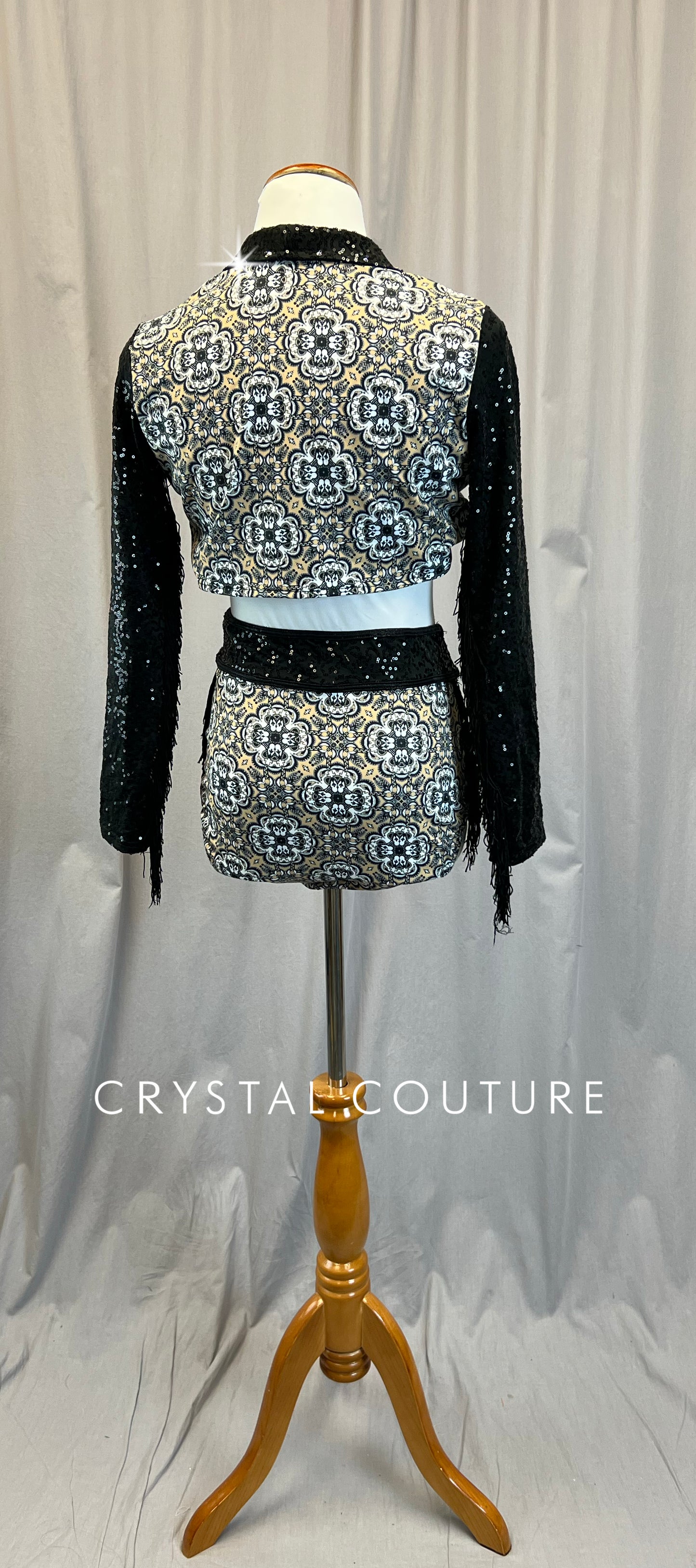 Tan and Black Paisley Long Sleeve and Brief Set - Rhinestones