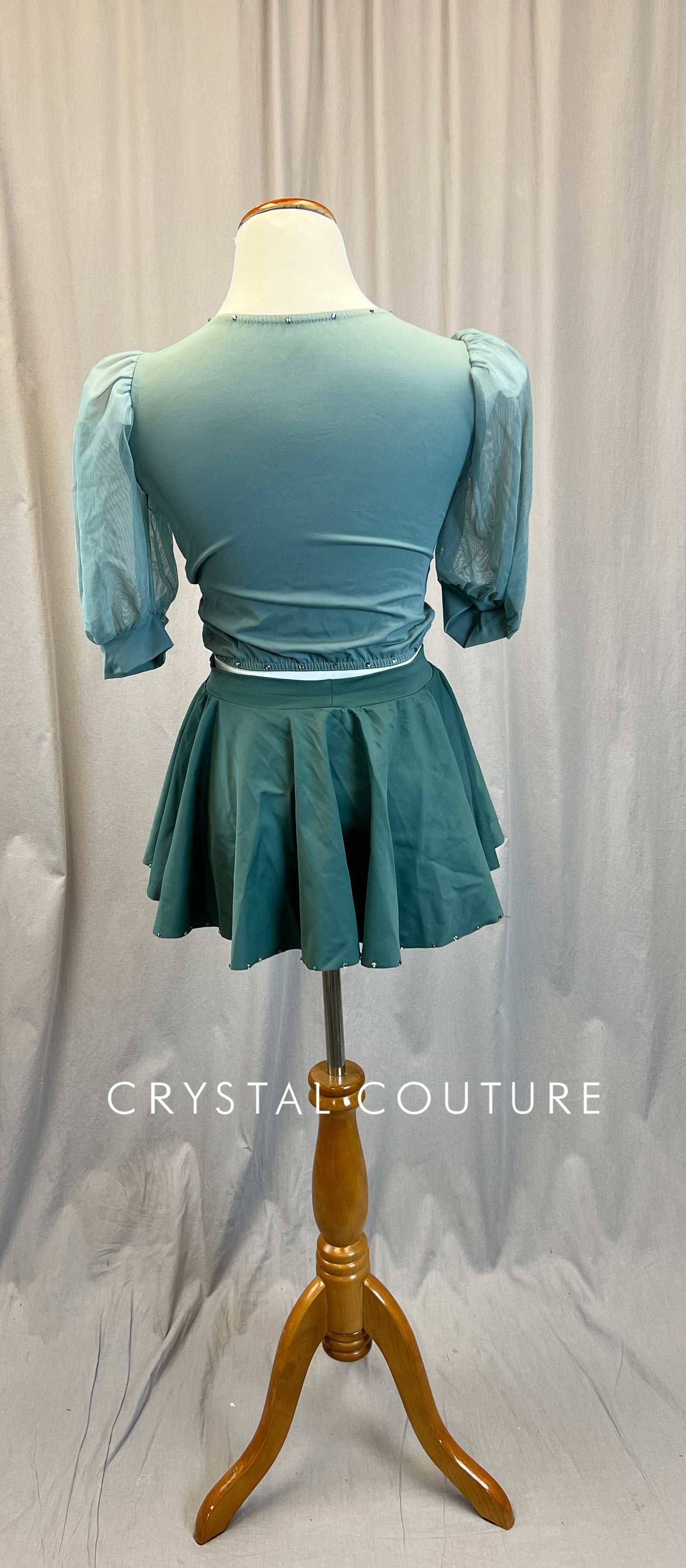 Sage Green Crop Top and Briefs+ Skirt Three-Piece Set - Rhinestones
