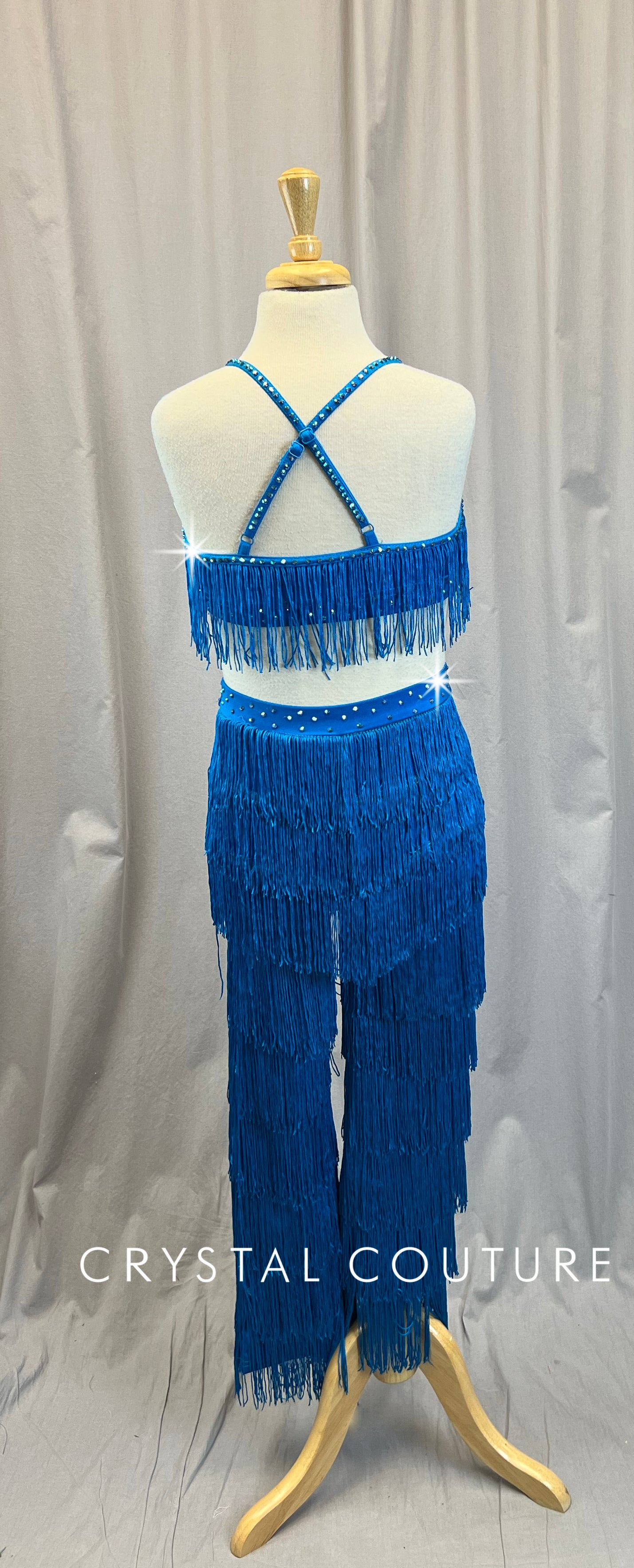 Blue/Blue Green Fringe Crop Top and Pants Set - Rhinestones