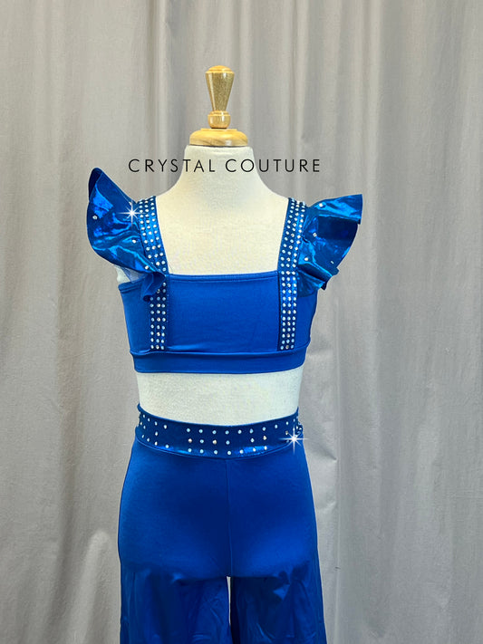Blue with Ruffle Straps Crop Top and Pant Set - Rhinestones
