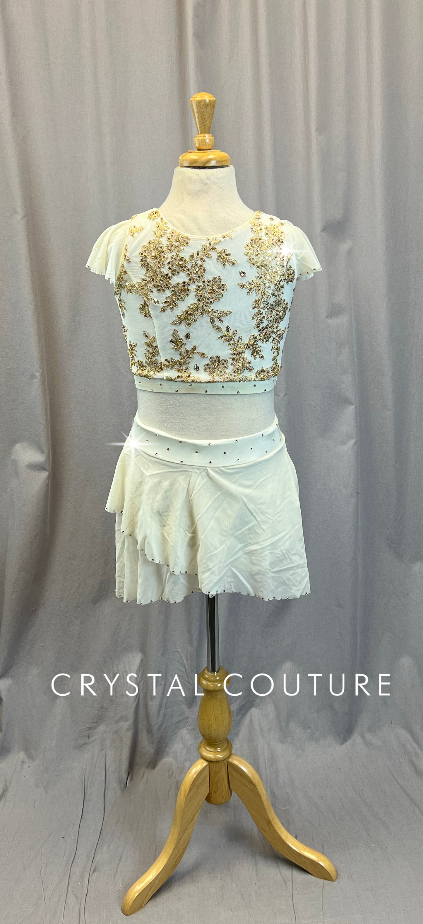 Ivory and Gold Cap Sleeve Crop top and Skirt Set - Rhinestones