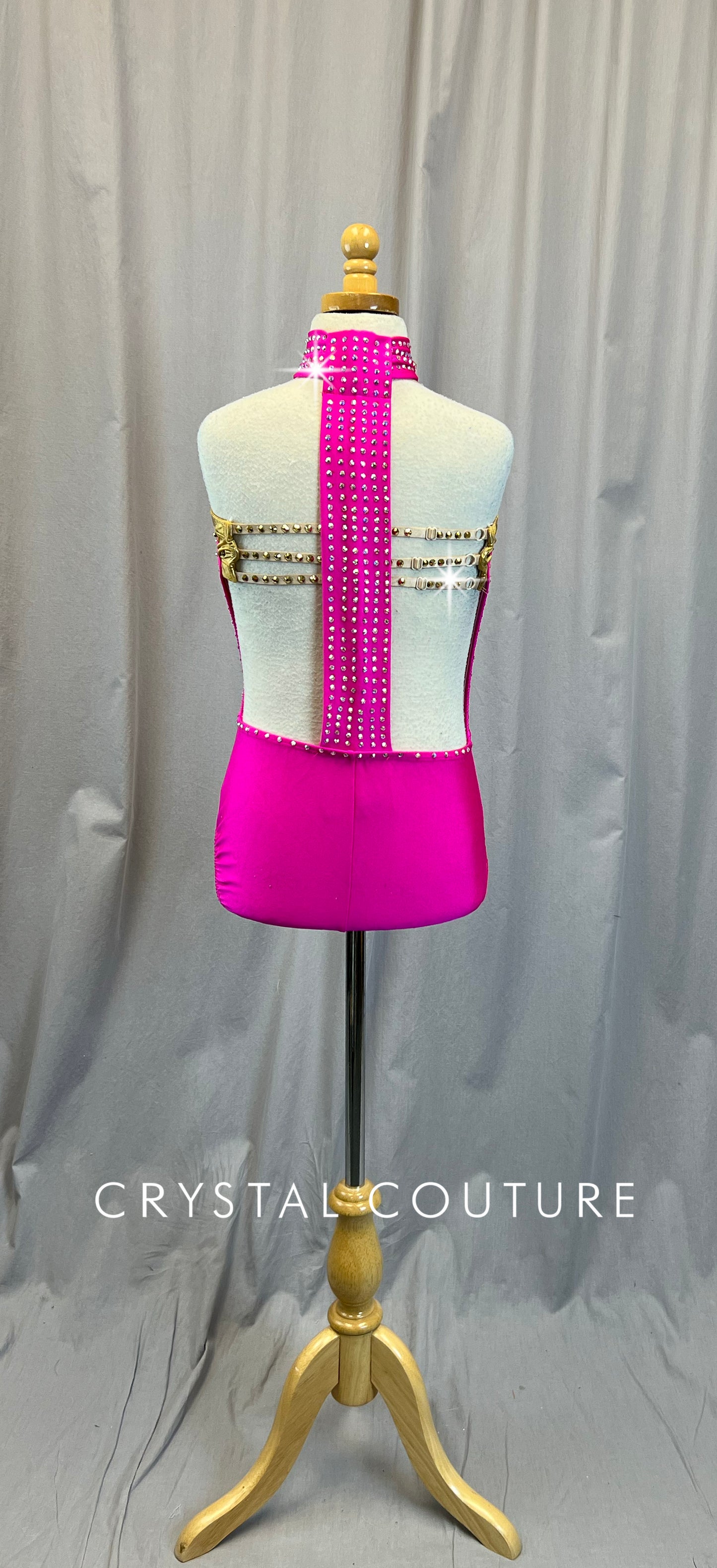Hot Pink and Gold Keyhole Leotard - Rhinestones