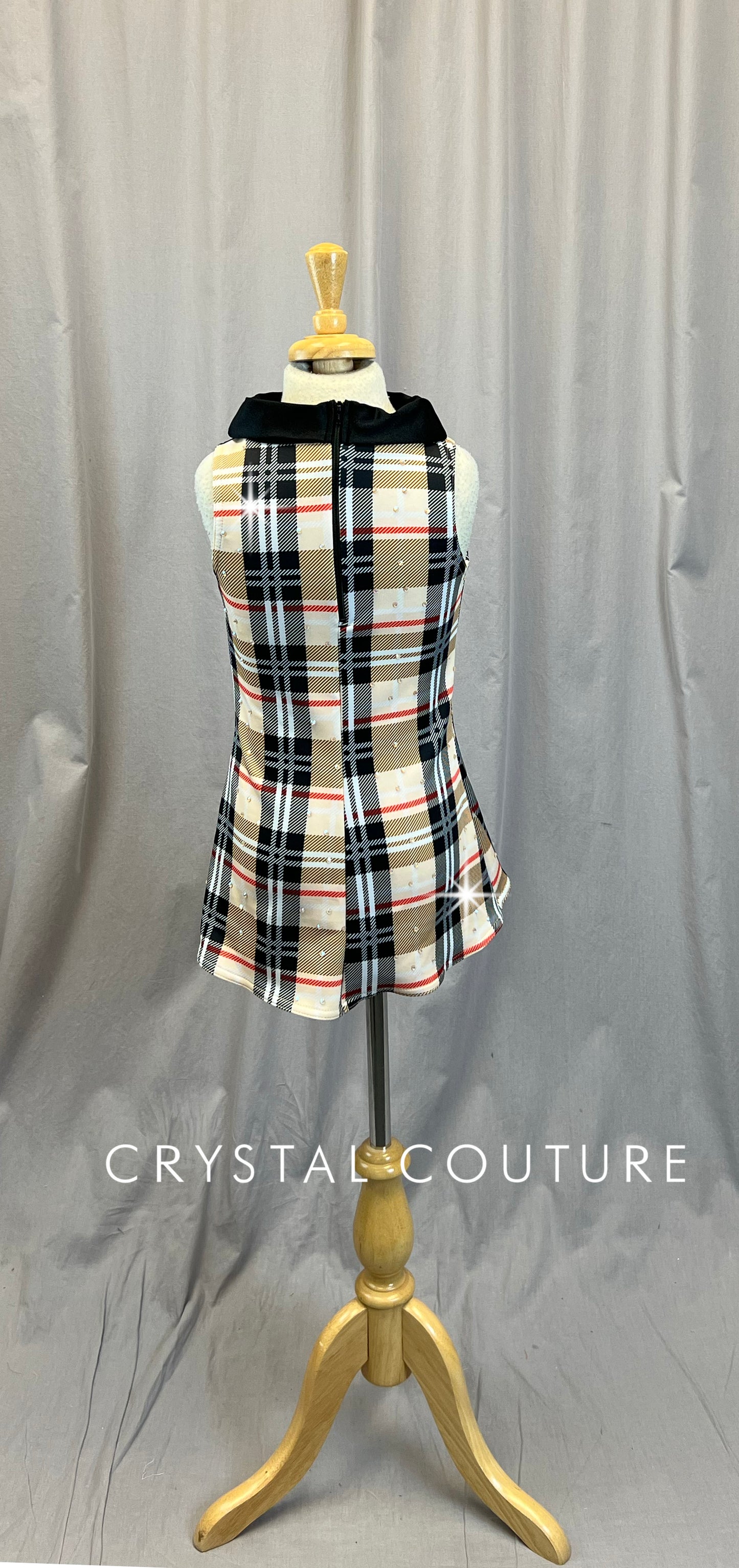 Tan and Black Plaid Sleeveless Tunic Dress - Rhinestones