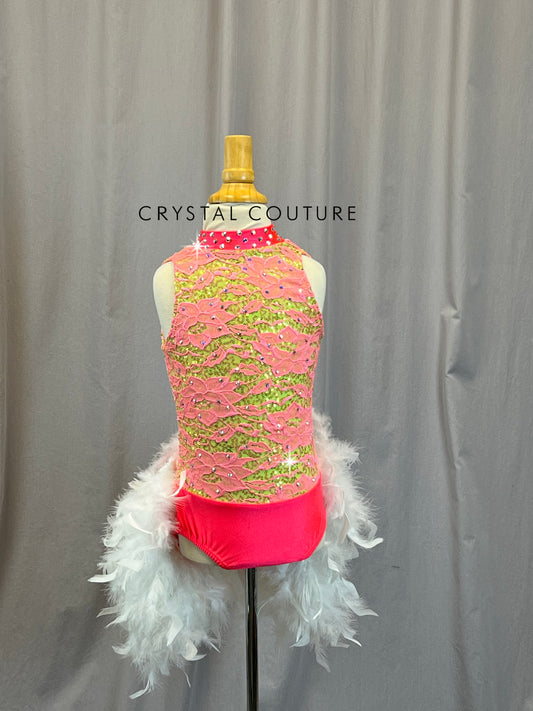 Pink and Lime Leotard with White Feather Bustle - Rhinestones