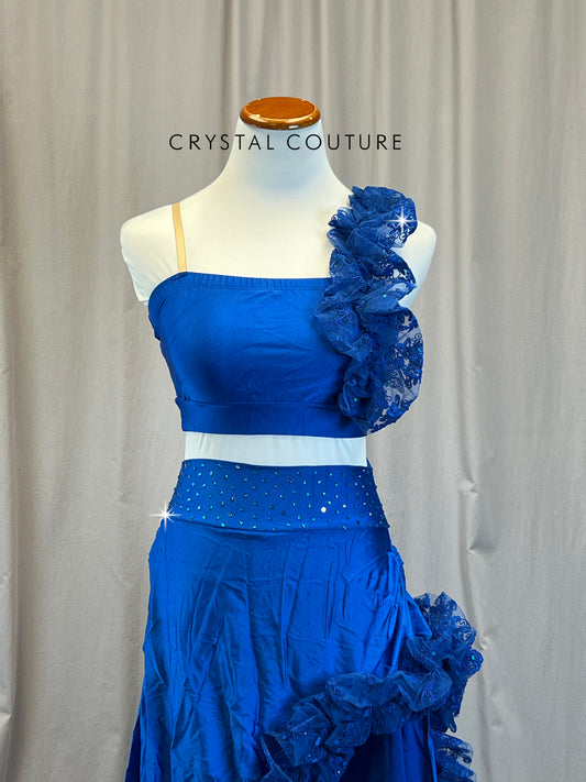 Blue Asymmetrical Ruffled Accents Crop Top and Skirt Set - Rhinestones