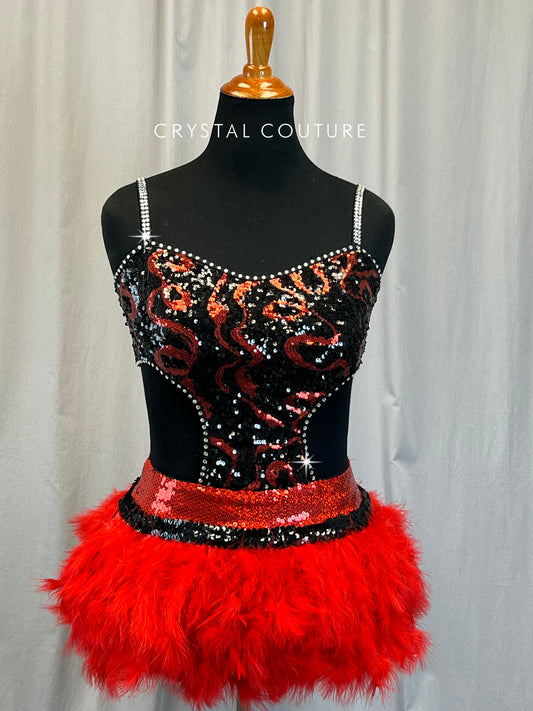Red and Black Feather Sequin Mini Dress - Rhinestones