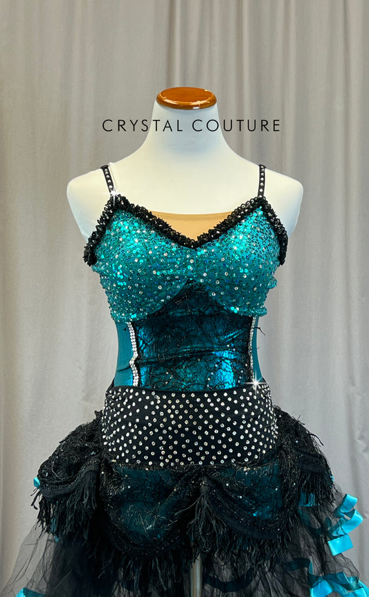 Teal and Black Sequin Lace Biketard with Black Tulle Bustle - Rhinestones