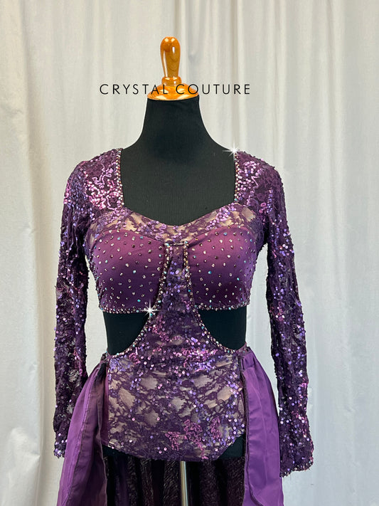 Plum Sequin Lace Connected Long Sleeve and Briefs with Attached Skirt - Rhinestones