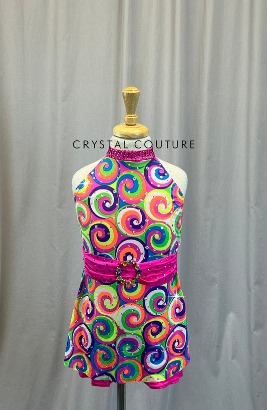 Pink,Orange, and Green Groovy Swirl Dress - Rhinestones