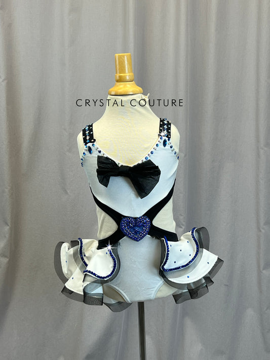 White and Black with a Blue Bow, Leotard with Structured Skirt - Rhinestones -Accessories