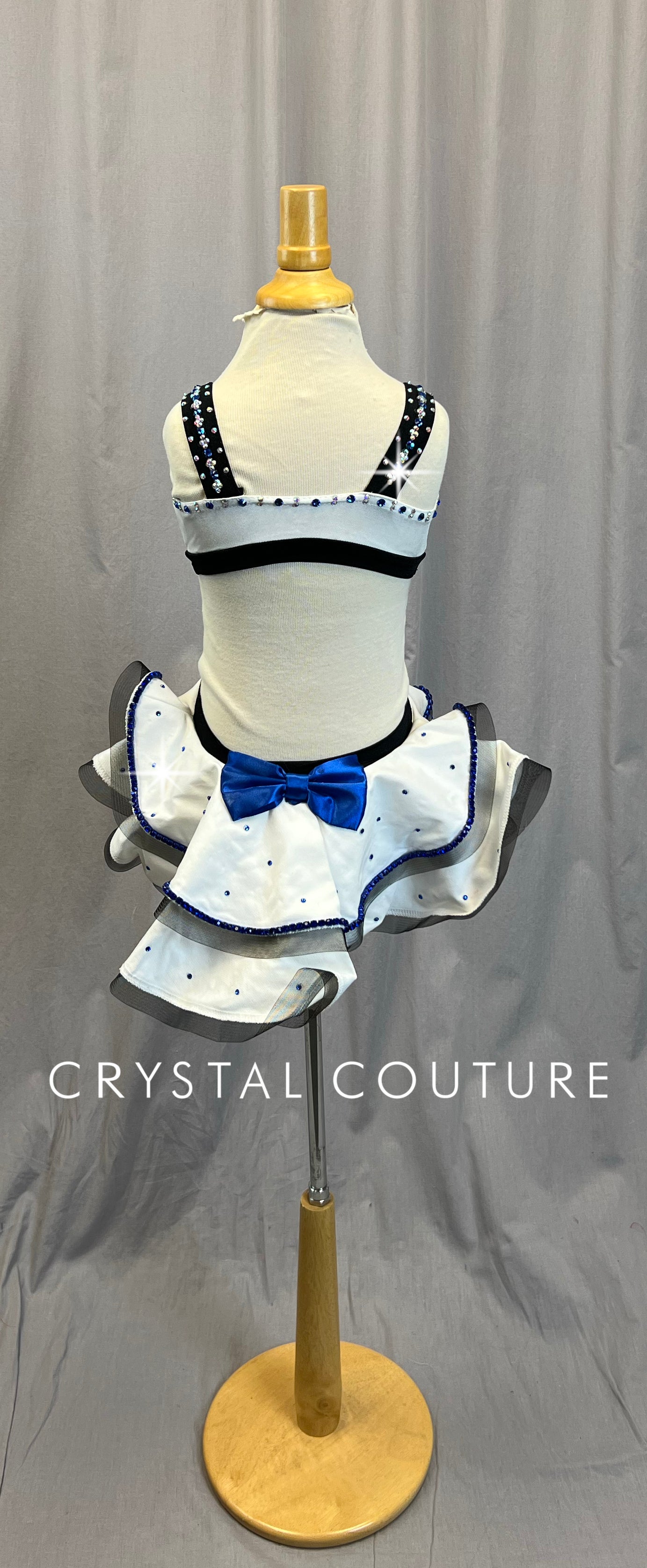 White and Black with a Blue Bow, Leotard with Structured Skirt - Rhinestones -Accessories