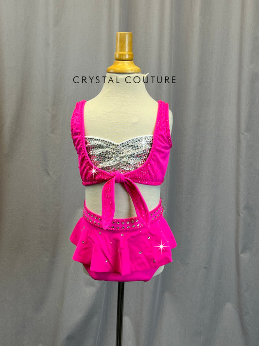 Custom Neon Pink Crop Top and Brief Two-Piece Set - Rhinestones