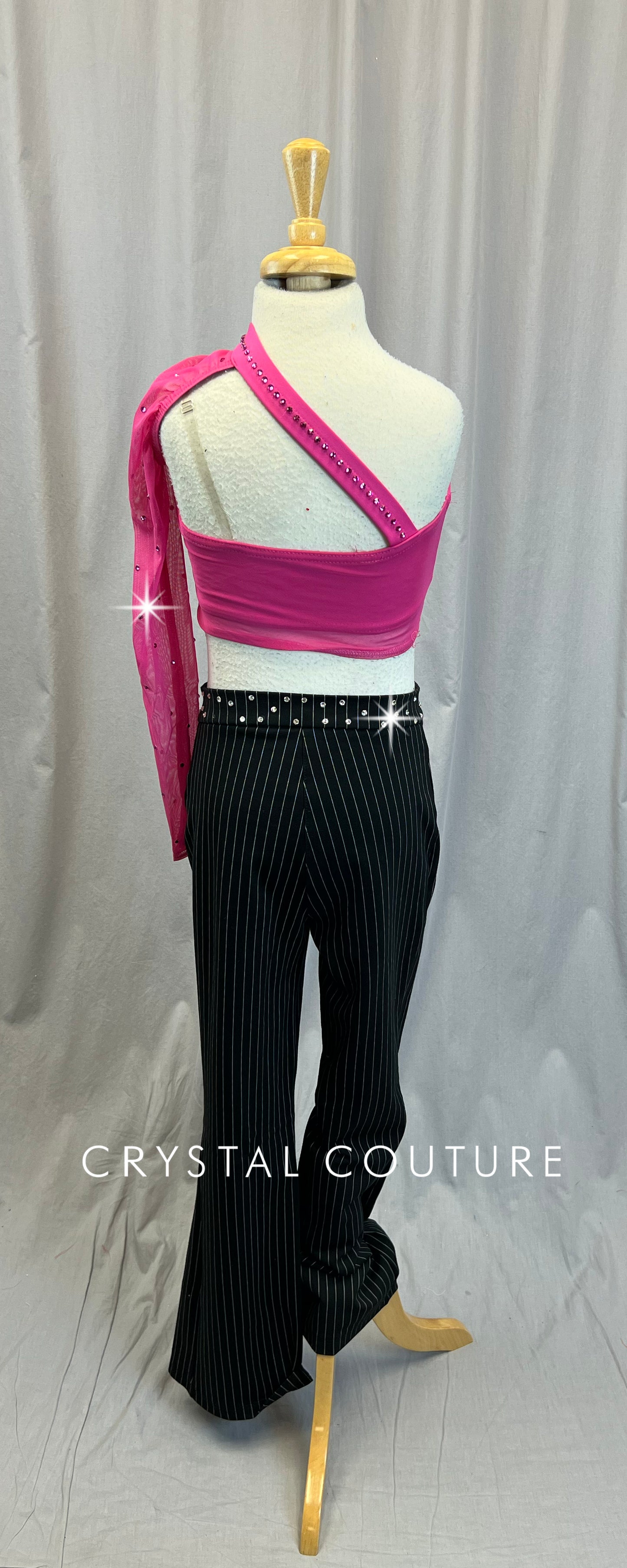 Pink and Black Mesh Corset Inspired Top + Pinstripe Pants - Rhinestones
