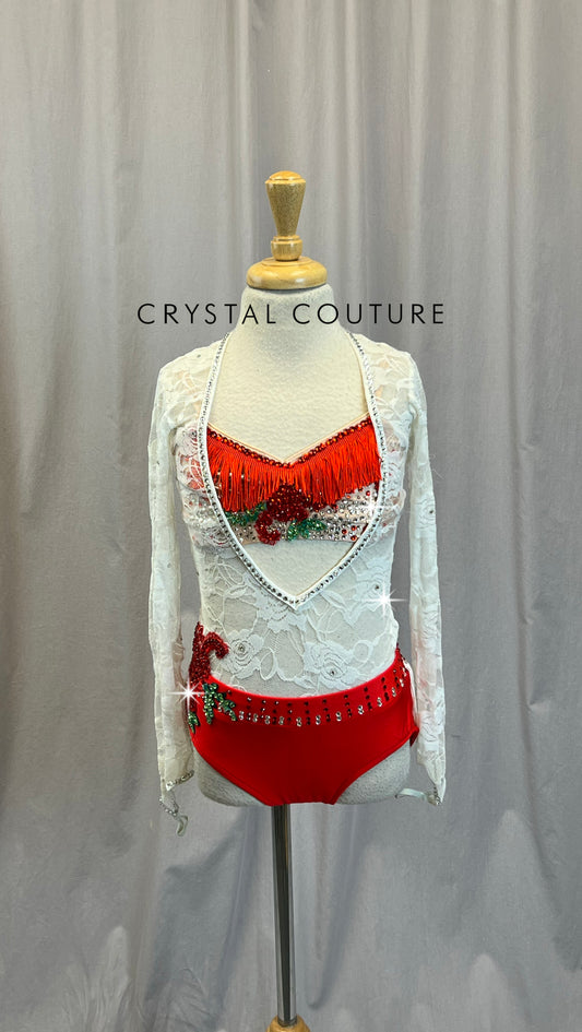 White and Red Lace Long Sleeve leotard with Nude and Red Fringe Bra Top - Rhinestones