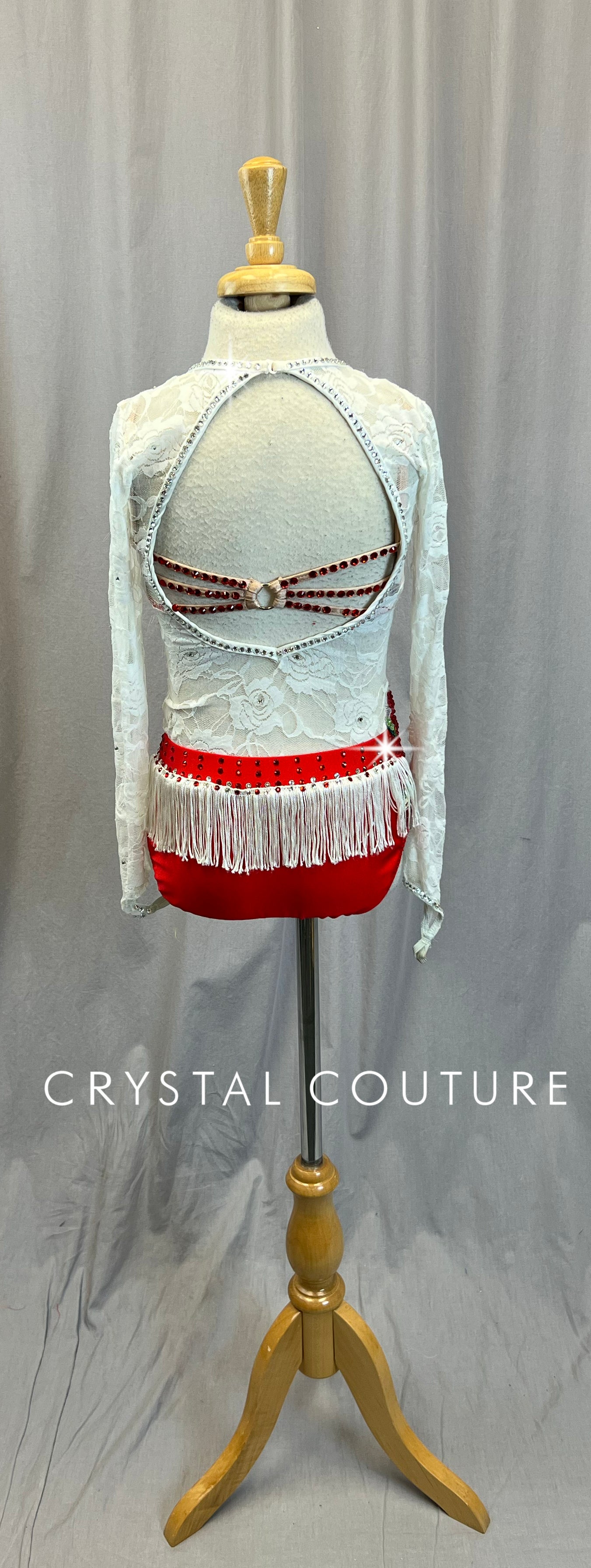 White and Red Lace Long Sleeve leotard with Nude and Red Fringe Bra Top - Rhinestones