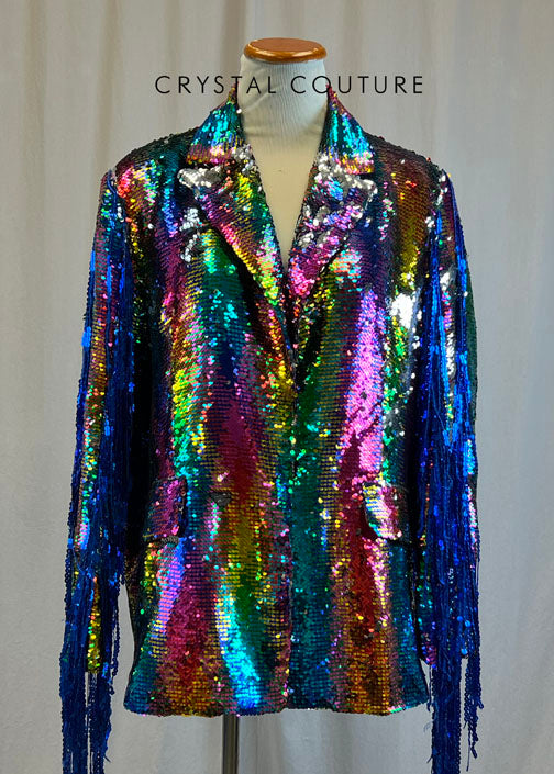 Multi Color Sequin Padded Shoulder Blazer with Fringe
