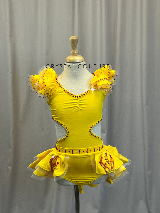 Yellow Leotard with Ruffles and Cutout Accents + Skirt Two Piece Set - Rhinestones
