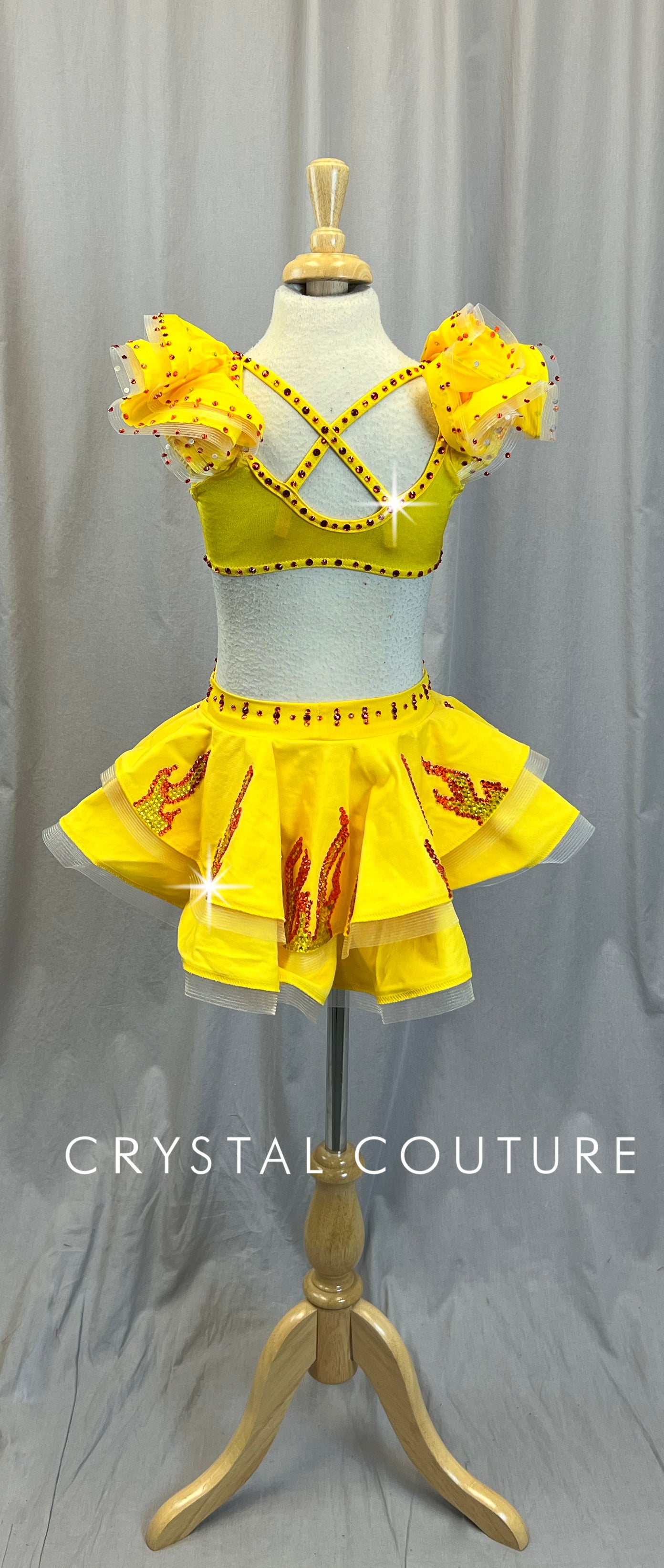 Yellow Leotard with Ruffles and Cutout Accents + Skirt Two Piece Set - Rhinestones