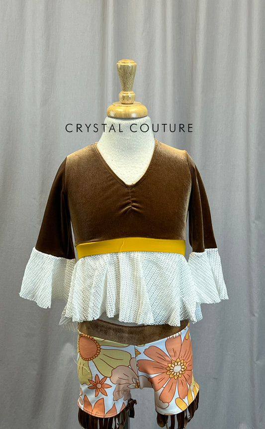 Brown Velvet Peach Floral patterned Top and Shorts Two-Piece Set