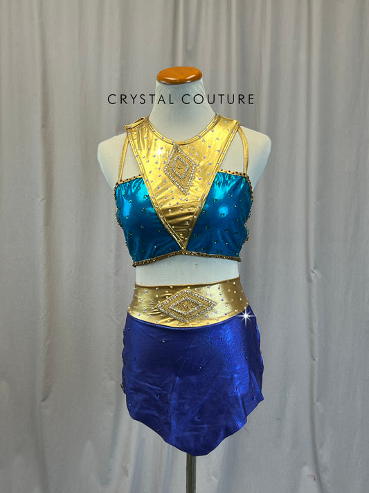 Custom Blue, Purple and Gold Crop Top and Briefs Two-Piece Set - Rhinestones