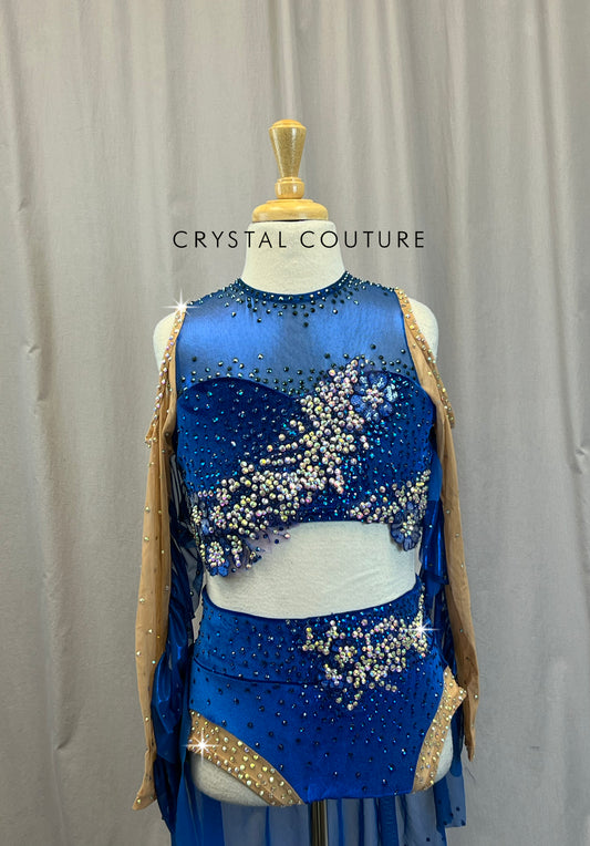 Custom Royal Blue Velvet Long Sleeve and Briefs with Skirt Two-Piece Set - Rhinestones