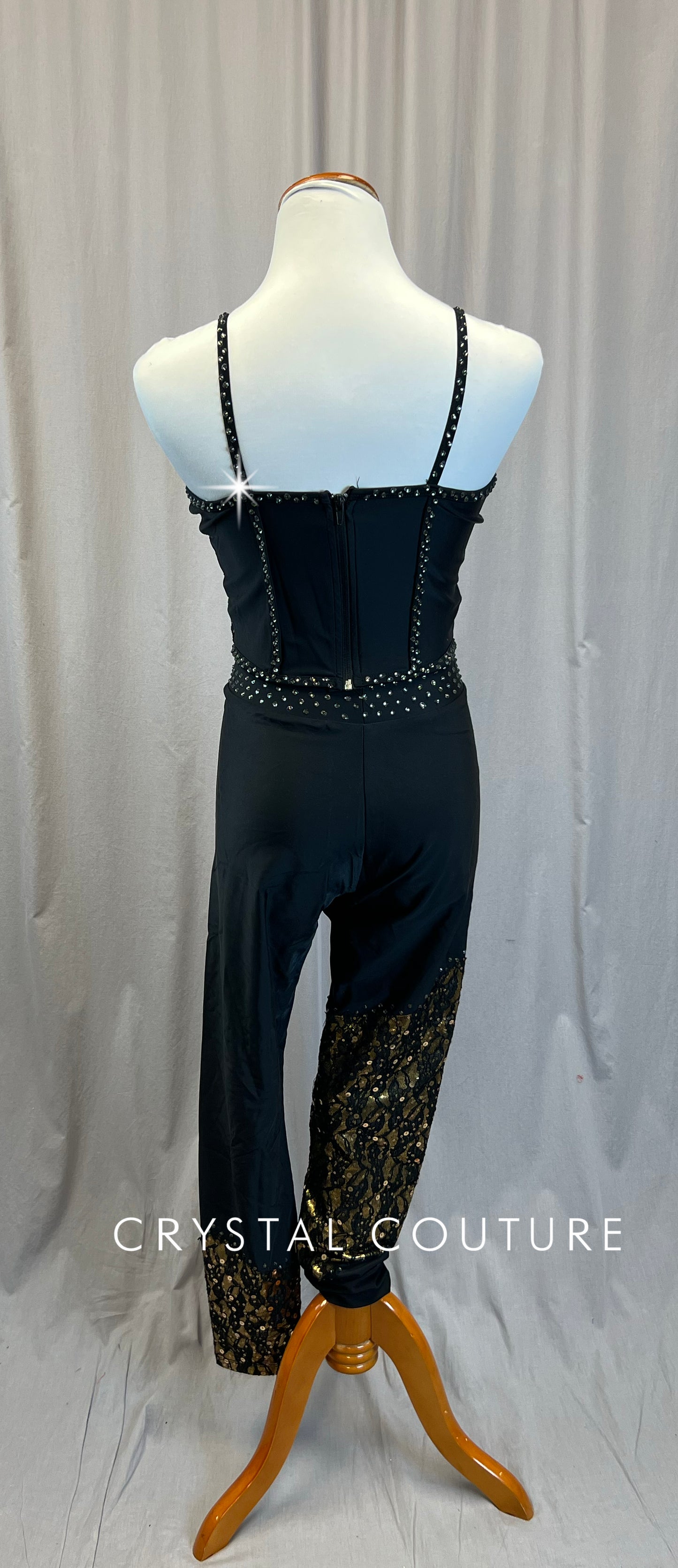 Custom Black and Gold Corset Top with Black and Gold Pants - Rhinestones