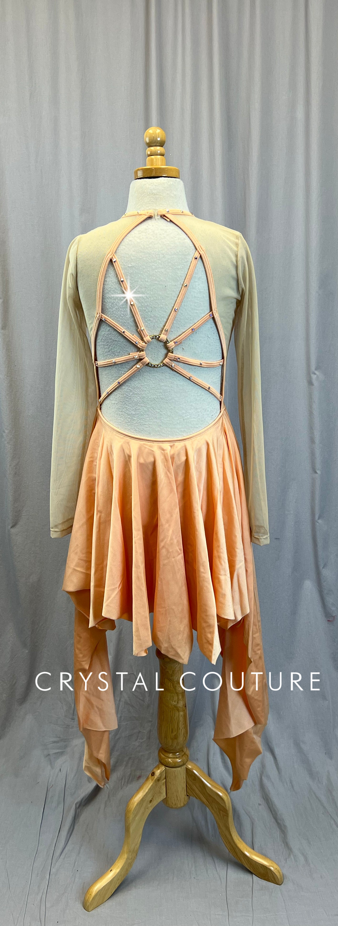 Custom Peach Lycra Dress with Nude Mesh Sleeves - Rhinestones