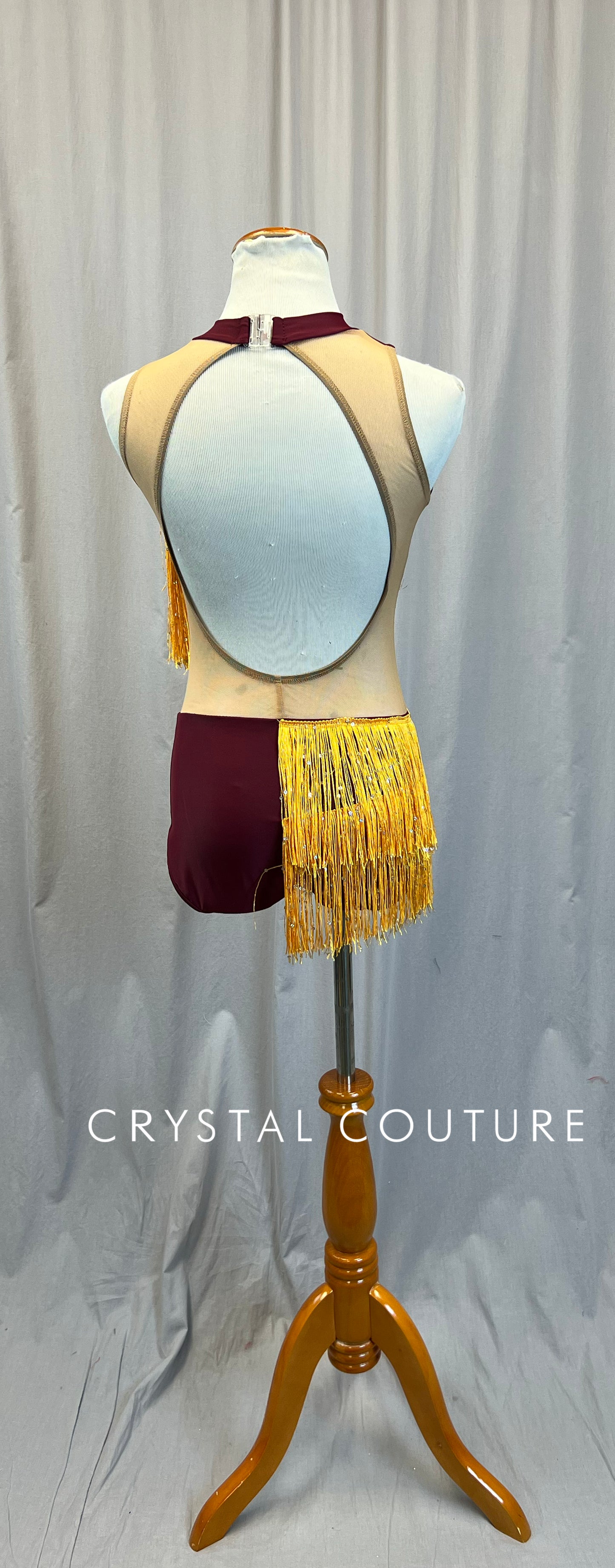*Brand New* Custom Burgundy Leotard with Mesh Cutouts and Yellow Fringe